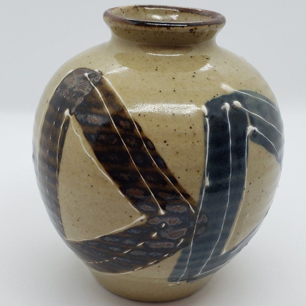 Japanese Vintage Cream with Navy Blue Brown Geometric Pattern Art Pottery Vase